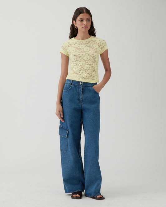 Adina T-Shirt Cotton Blend Floral Lace Yellow