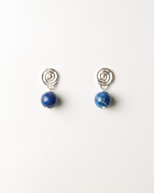 Swirl Bead Earrings Silver Plated with Lapis