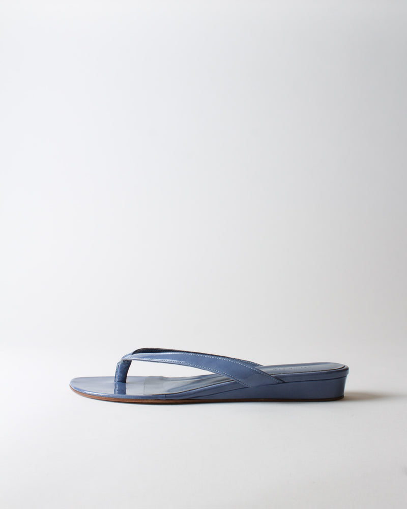 Wedge Thong Leather Patent Jean Blue