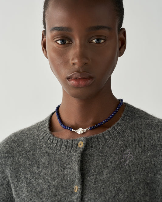 Petite Beaded Swirl Necklace Silver Plated with Lapis