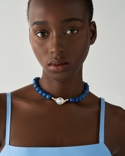 Beaded Swirl Necklace Silver Plated with Lapis