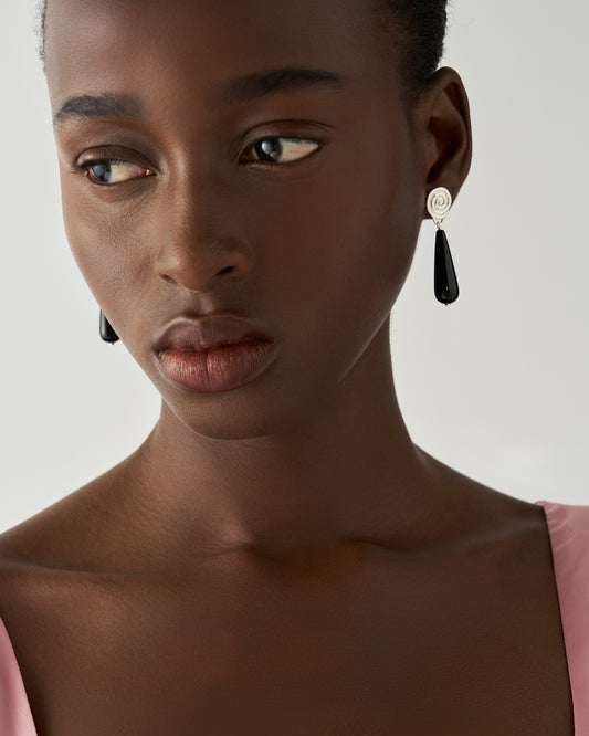 Swirl Tear Droplet Earrings Silver Plated with Onyx