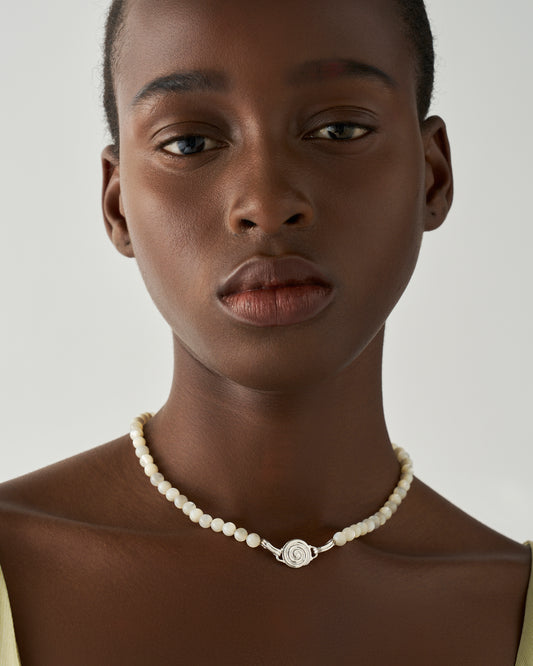 Petite Beaded Swirl Necklace Silver Plated with Mother of Pearl