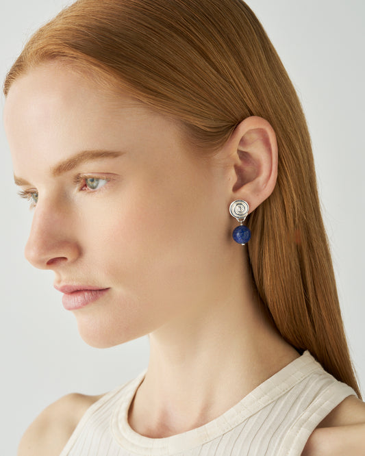 Swirl Bead Earrings Silver Plated with Lapis
